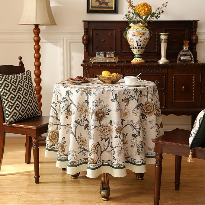 ISAENNE Designer Vintage Linen Round Tablecloth,Diameter 55"-Murad A | French Elegant Small Floral and Bird Pattern Beautiful Table Cloth for Dining Room Tea Party Kitchen Thanksgiving,Decor