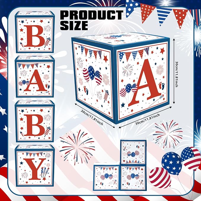 Vicenpal Red White and Blue Baby Shower Boxes with Letters Patriotic Decorations Gender Reveal Decoration Photo Prop Set of 4