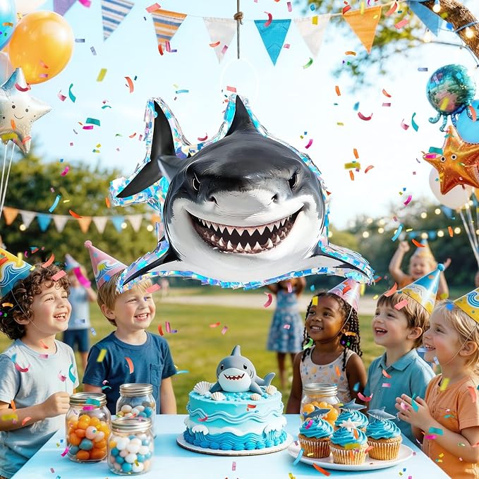 WERNNSAI Shark Piñata - Under the Sea Party Decorations Great White Shark Piñata with Blindfold and Stick for Men Boys Ocean Birthday Decorations Celebration Carnival Supplies