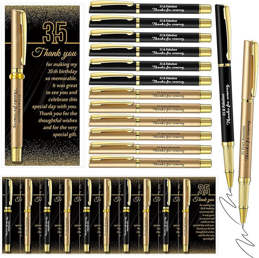 Feifeiya 30 Sets 35th Birthday Party Favor for Guest Anniversary Party Favor with Black and Gold Ballpoint Pens and Thank You Cards for Women Men Birthday Anniversary Appreciation Gifts