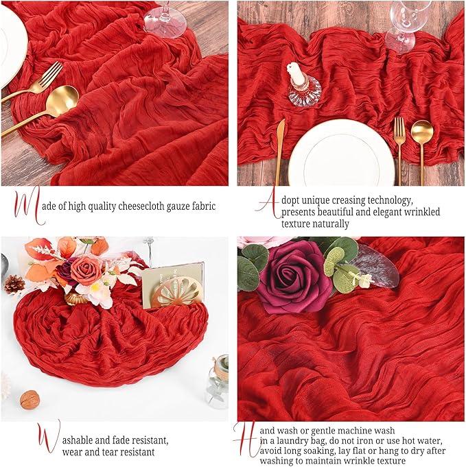 15 Pack Red Table Runner 17 x 108inch Cheesecloth Table Runner Boho Gauze Table Runners Rustic Sheer Fabric Cheese Cloth Table Runners for Wedding Party Bridal Shower Farmhouse Thanksgiving Decor