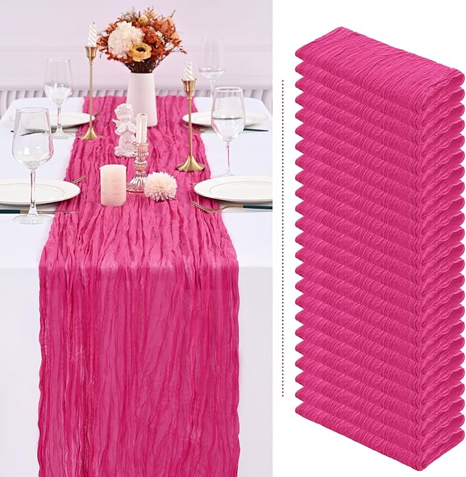 Showgeous 24 Pack Hot Pink Cheesecloth Table Runner, 10FT Long Semi-Sheer Boho or Rustic Gauze Table Runner Wedding Table Decor for Wedding Decor Arch Draping Bridal Shower Holiday Party