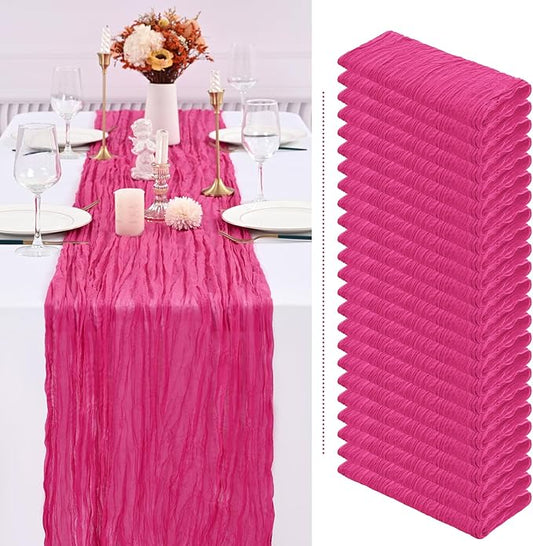 Showgeous 24 Pack Hot Pink Cheesecloth Table Runner, 10FT Long Semi-Sheer Boho or Rustic Gauze Table Runner Wedding Table Decor for Wedding Decor Arch Draping Bridal Shower Holiday Party