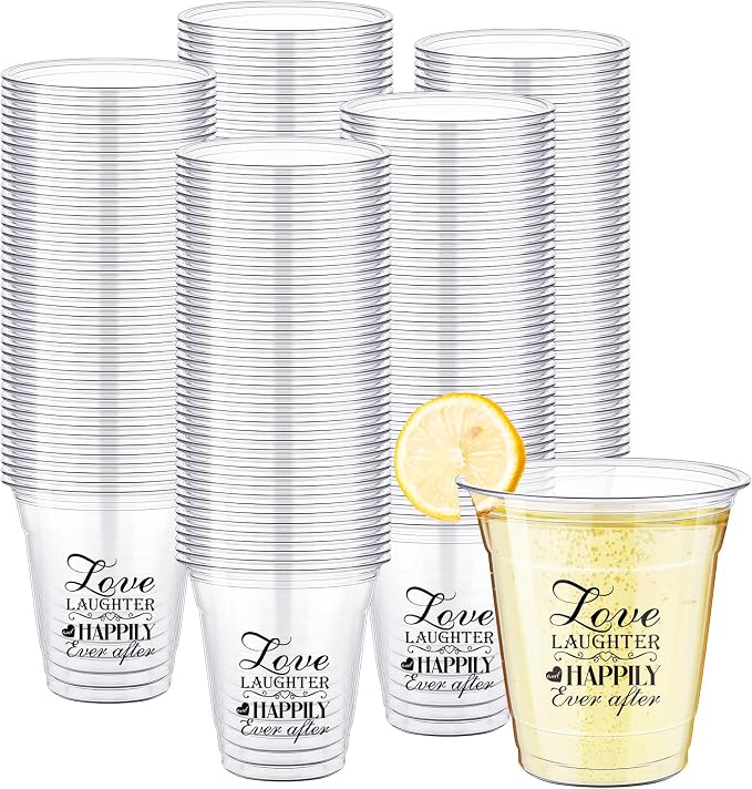 Dandat Disposable Wedding Plastic Cups Bulk 10oz Mr and Mrs Happily Ever After Disposable Clear Reception Drinking Cup for Wedding Reception Bridal Shower Engagement Party(200 Pack,Love Laughter)