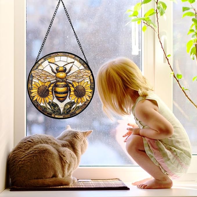 DASTOLL Stained Glass Window Hanging - Bee Sunflower Yellow Suncatcher Ready to Hang Window Doors Home Decoration and Christmas, Mother's Day Birthday Gifts for Women, Men, and Mom 9.8x9.8 in