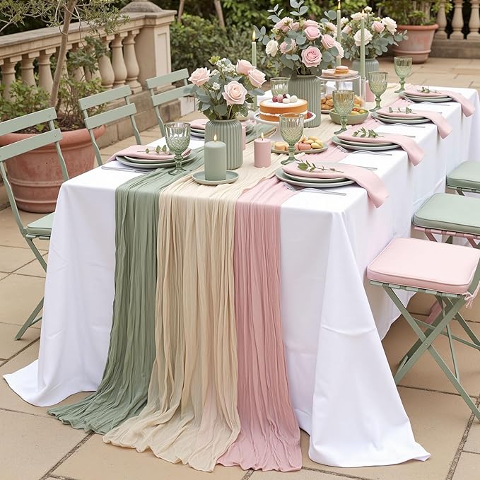 6 Pcs Sage Green and Pink Cheesecloth Table Runner Boho Gauze Cheese Cloth Runner 118" Rustic Table Decor for Engagement Wedding Bridal Baby Shower Birthday Party Home Arbor Decorations