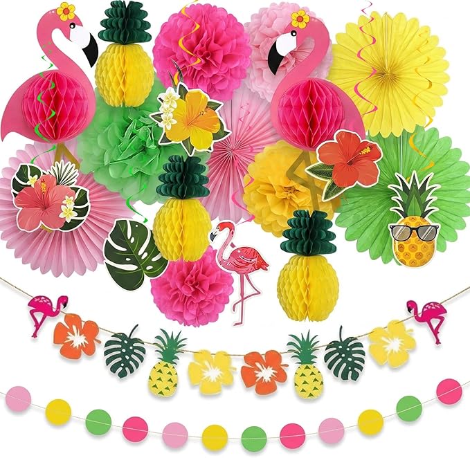 ADLKGG 21 Pcs Tropical Luau Party Decorations, 21" Large 3D Flamingo Honeycombs, Paper Fans, Banners, Hanging Swirls for Hawaiian Birthday, Summer Beach Party, Classroom Decor