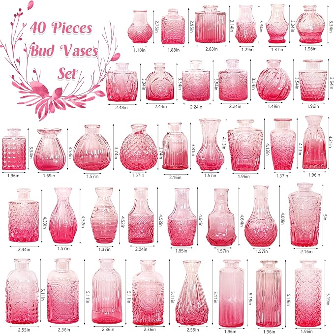 Set of 40 Glass Bud Vases, Small Pink Glass Vases in Bulk, Mini Vintage Embossed Flower Vase for Wedding, Centerpieces, Birthday Party, Baby Shower, Home Table Decorations (Pink)