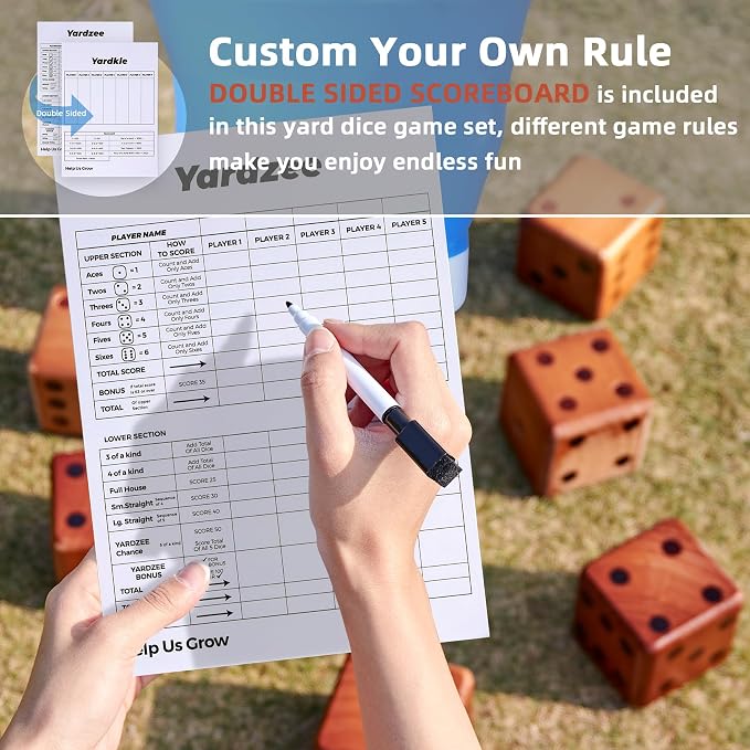 SpeedArmis 3.5" Giant Wooden Yard Dice Set - Large Lawn Yatzee with Scoreboard - Outdoor Beach Backyard Games for Adults Family (Including Collapsible Bucket)