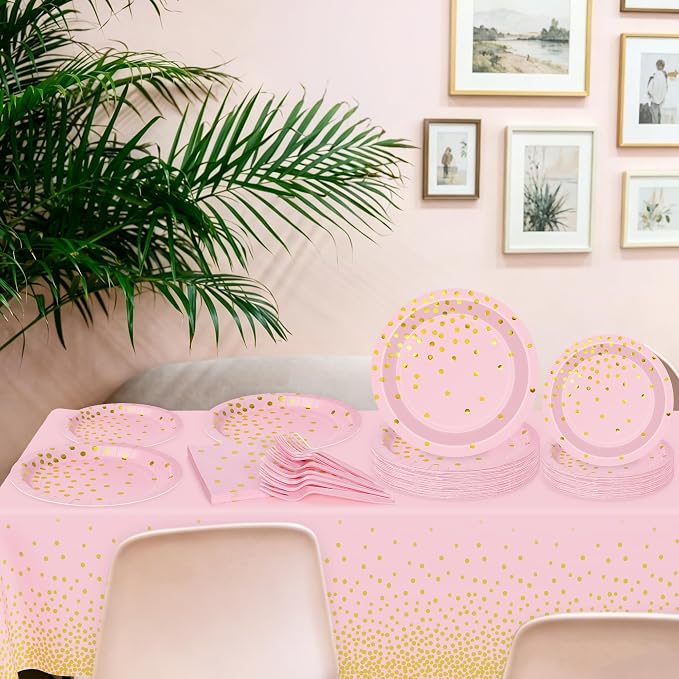 122 Pcs Pink Plates and Napkins Party Supplies, Birthday Decorations for Women Serves 30, Girl Baby Shower Decorations with Wedding Paper Plates, Golden Pink Party Supplies with Fork and Tablecloth