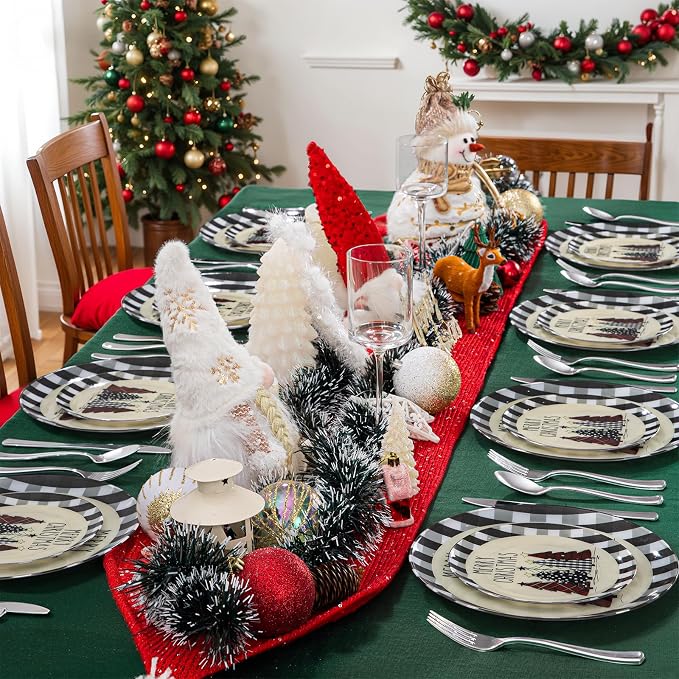 WDF 24Pack Christmas Plastic Plates - Heavy Duty Christmas Tree Plates - Disposable Checkered Plate Ideal for Party