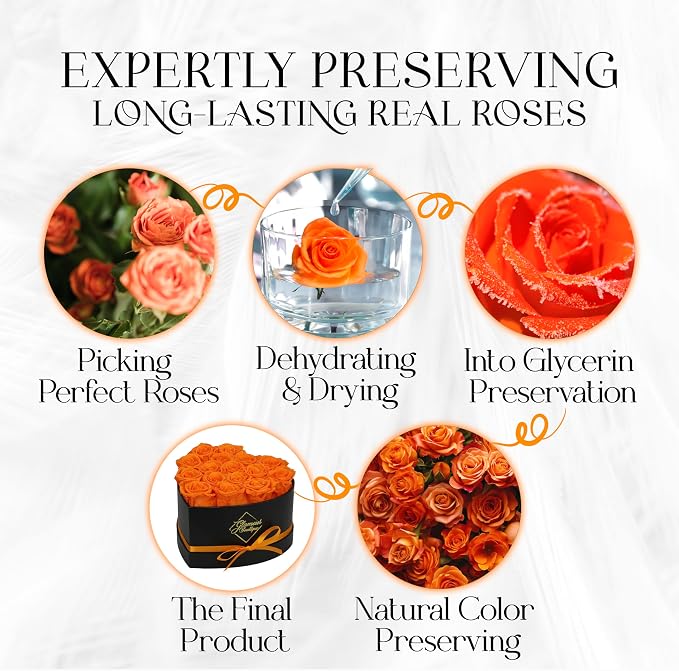 GLAMOUR BOUTIQUE 16 Flower Forever Heart Shape Box, Mothers Day Gift For Mom, Eternal Preserved Roses Gift for Her, Flowers bouquet, For Birthday, Anniversary, Girlfriend - Orange (Color-Treated)