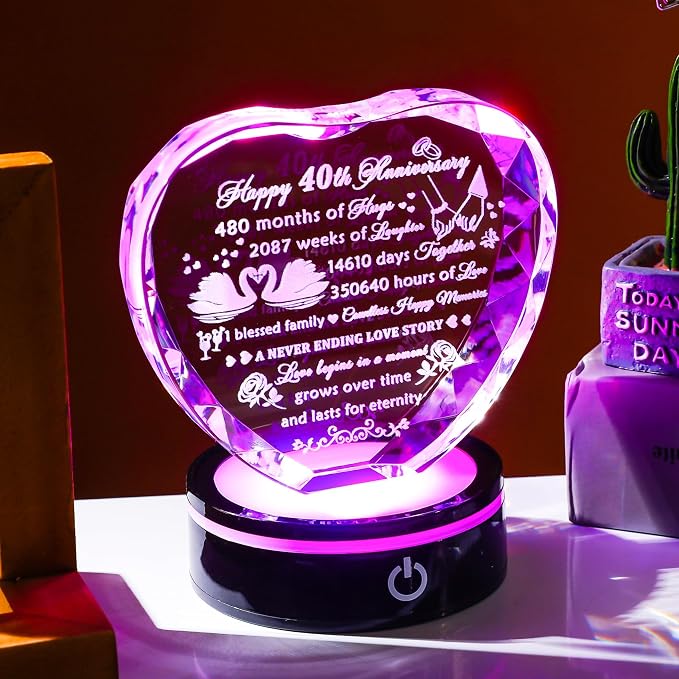 YWHL 40th Anniversary Crystal Heart Gifts for Wife Husband, Laser Engraved Romantic 40 Year Wedding Anniversary Crystal Keepsake Gifts for Her Him, 40 Years of Marriage Gift for Couples Friends