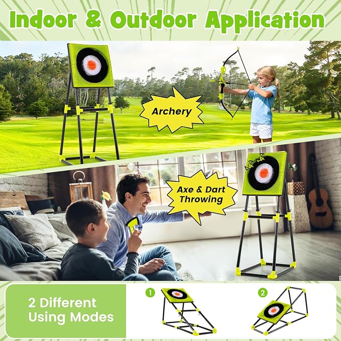 Costzon Axe Throwing Target Game for Backyard, 4 in 1 Kids Throwing Game w/5 Arrows, 3 Throwing Axes, 3 Ninja Darts, 3 Darts, Bristle Target & a Bow -Boys & Girls Indoor Outdoor Carnival Game Gifts