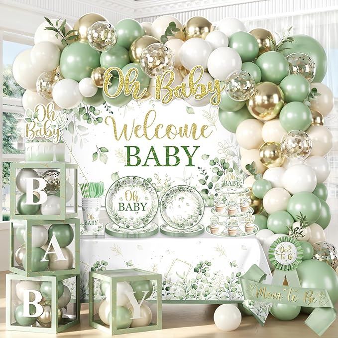 286 Pcs Sage Green Baby Shower Decorations Set-Serves 25 Guests -All-in-One Gender Neutral Party Supplies Kit Includes Balloon Arch, Backdrop, Tableware Set, and Sash