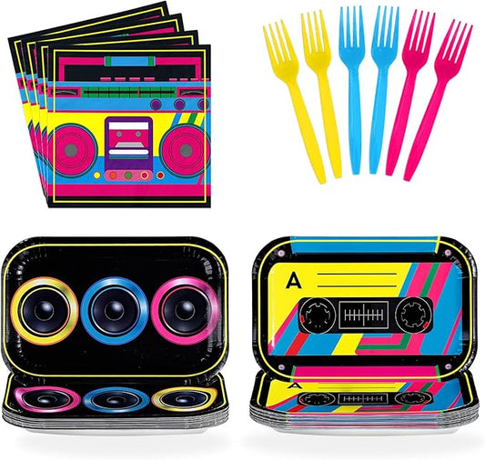 96Pcs 80s 90s Party Decorations Cassette Tape Plates and Napkins Retro Disco Music Themed Supplies Hip Hop Kpop Disposable Tableware for Retro 80s 90s Birthday Party Decorations