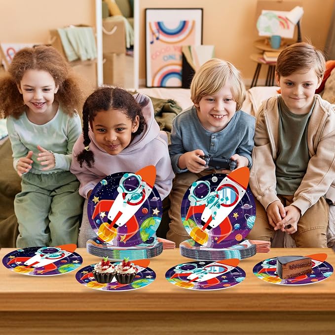 OBUSATT 60 PCS Rocket Ship Paper Plates 9In Outer Space Birthday Party Supplies Astronaut Galaxy Planet Tableware Decoration Space Theme Disposable Dinnerware for Kids Baby Shower Birthday Party Favor