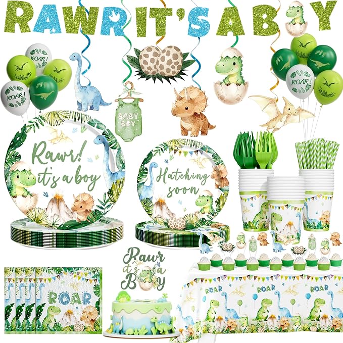 Hombae Dinosaur Baby Shower Decorations Boy, Hatching Soon Baby Shower Party Supplies with Rawr It's a Boy Tableware, Plates, Napkins, Hanging Swirls for Boys Dino Theme Party, Serves 24