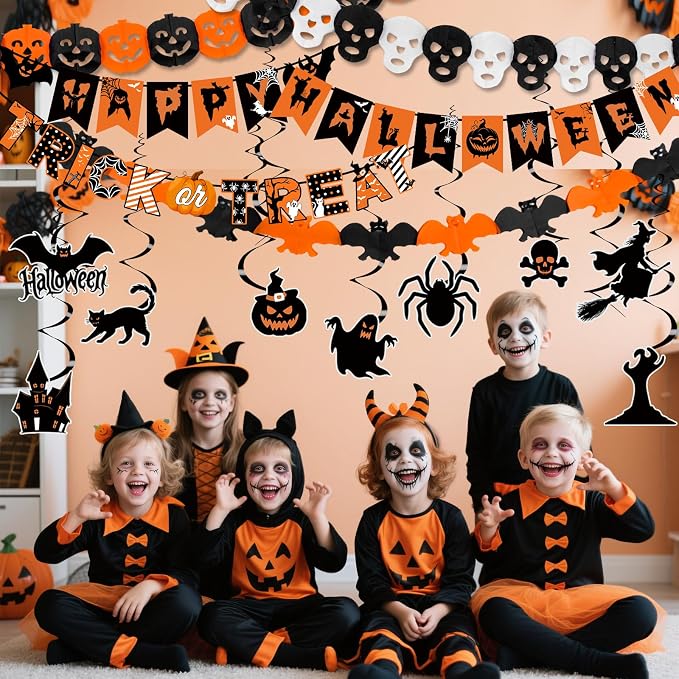 Halloween Party Decorations Happy Halloween Banner Kit Including Trick or Treat Sign Ghost Witches Hanging Swirl, Pumpkins Bats and Skull Head for Indoor Outdoor Decorations