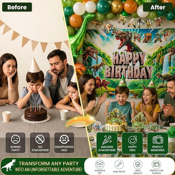 Dinosaur Birthday Decorations for Boys, 150 PCS Jurassic Dino Party Supplies with Backdrop, Dinosaur Balloons, Banner, Tablecloth, Cake Toppers & Stickers