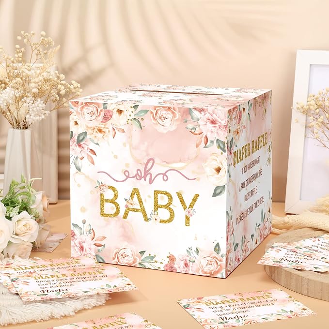 Teling 51 Pieces Diaper Raffle Tickets with Card Box Baby Shower Decorations Baby Shower Holder Box for Girl Boy Diaper Raffle Party(Floral Style)