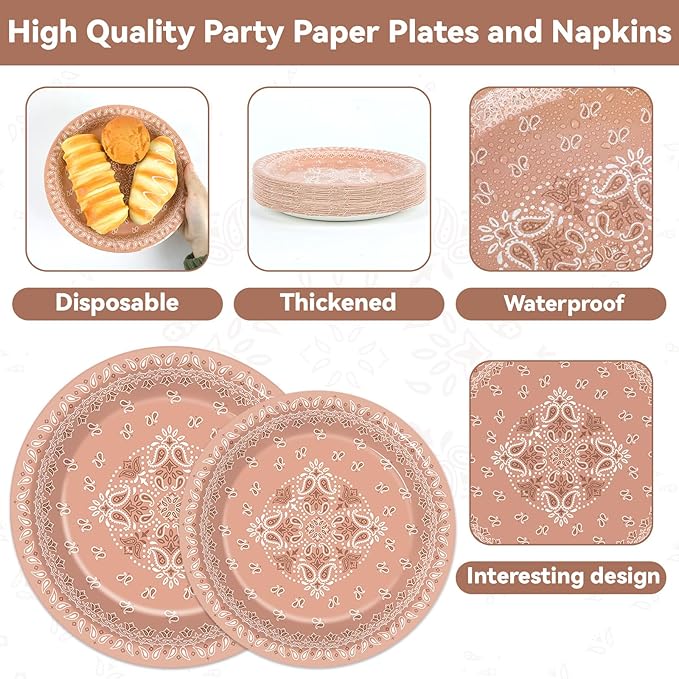 96Pcs Western Bandana Party Plates and Napkins for Pink Cowgirl Birthday Supplies Cowboy Themed Paper Dessert Plates Paisley Tableware Set for Kids Girls 24 Guests Birthday Party Decorations