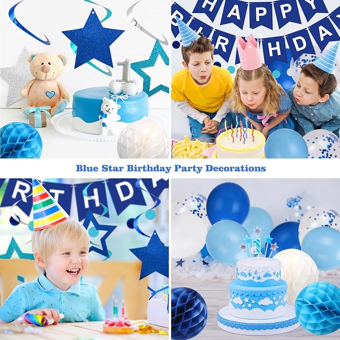 Birthday Decorations, Happy Birthday Banner, Happy Birthday Balloons, Honeycomb Balls, Star Hanging Swirls,Circle Dots Garland, Suitable for Man and Boys Birthday Decorations Prince Party (Blue)