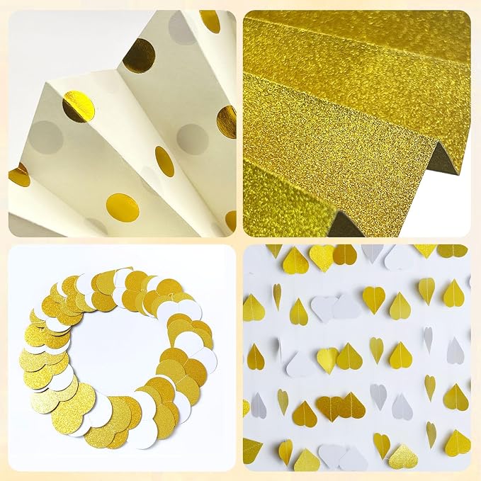 Daily Treasures 14PCS Gold White Engagement Party Decorations Kit - Hanging Ring Honeycomb Tissue Pom Poms,Paper Fans& 4m Banner for Engagement Wedding, Anniversary,Birthday Party Decor(Champagne)