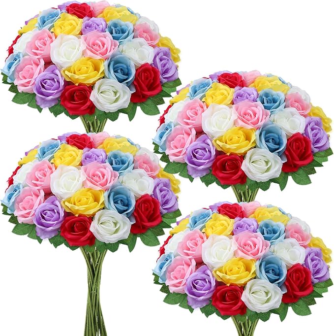 36 Pcs Mixed 6 Color Artificial Roses with Long Stems, Fake Silk Rose Artificial Flowers Bulk for Bridal Wedding Bouquet Centerpiece Ball Arrangement Party Decor