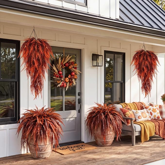 Daifunli 16 Pcs Artificial Fall Hanging Plants Fake Hanging Ferns Plastic Autumn Faux Plants for Wall Room Garden Garland Indoor Outdoor Decor No Basket (Fall Boston)