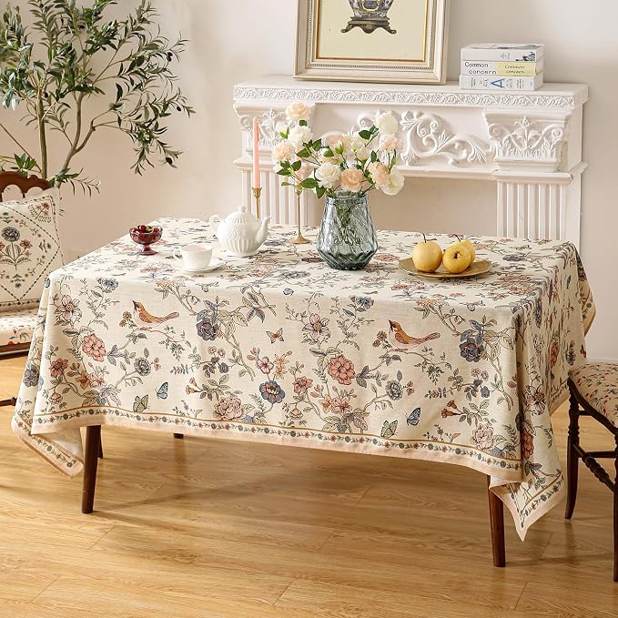 ISAENNE Designer French Linen Rectangular Tablecloth,110"x63"-Cornucopia | Vintage Elegant Long Table Cloth Rectangle Table,Floral and Bird Pattern for Dining Kitchen Tea Party Thanksgiving,Decor