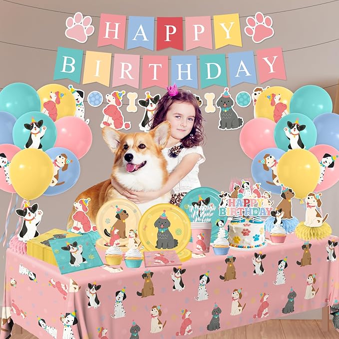 Dog Themed Birthday Party Decorations,Puppy Birthday Party Decorations Vintage Dog Plates and Napkins,Cups,Tablecloth,Happy Birthday Banner,Balloon,Cake Topper for Kids Dog Birthday Party Supplies