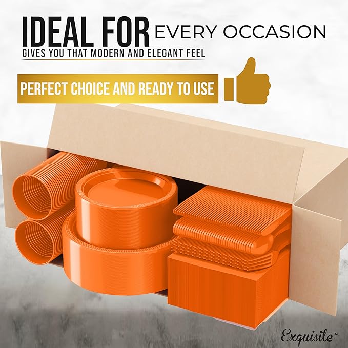Party Solids 350 Pieces Orange Plastic Plates For Party, Orange Disposable Plates Set, 50 Of Each 9" Dinner Plate Set, 7" Dessert Plate, Cups, Napkins & Cutlery Plastic Dinnerware Set