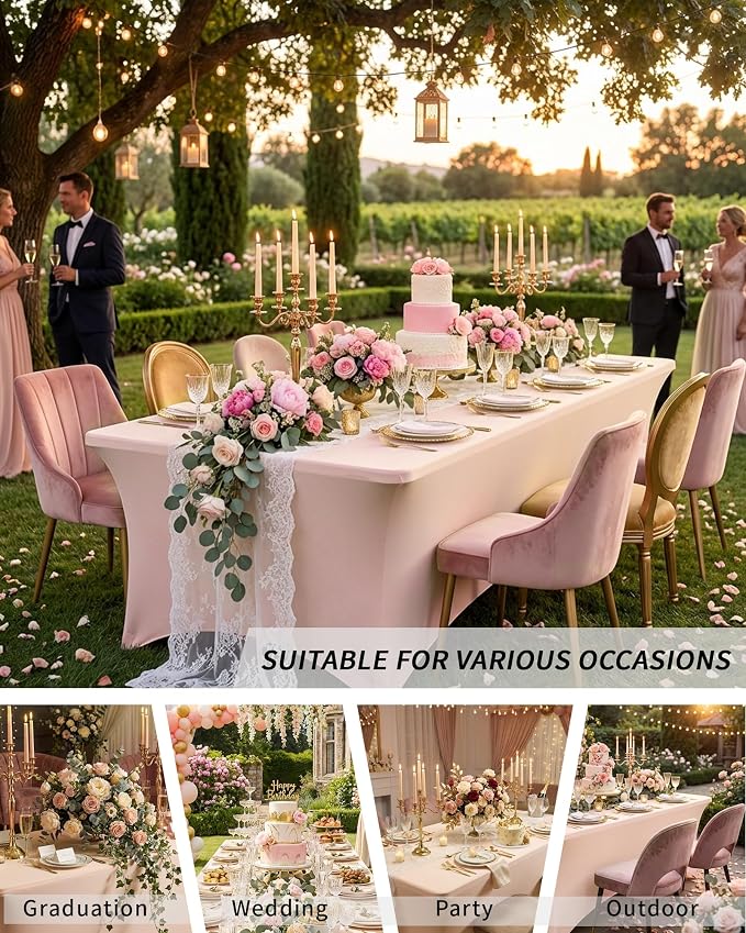 Fixwal Pink Tablecloths for 8 Foot Rectangle Tables, 2 Pack Spandex Stretch Fitted Table Covers for Party, Trade Show, Banquet, Wedding, Buffet