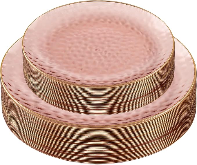 PLASTICPRO 64 Piece Combo Plates Set includes 32-7'' inch Plates & 32-10'' inch Dishes Rose Hammered Plastic PartyPlates Premium heavyweight Elegant, Disposable, Tableware, Dishes,