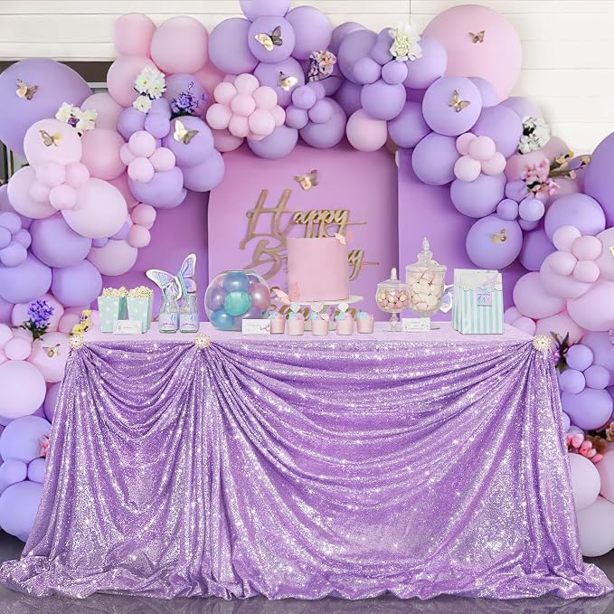 B-COOL Sequin Tablecloth 90x90inch Lilac Square Lavender Sequined Fabric Drapes Shiny Party Tablecloth Glitter Table Cloth Wedding Table Decorations