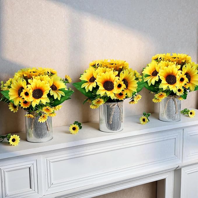 Artificial Sunflower Table Centerpieces - Set of 6 Faux Spring Summer Sunflowers Arrangements with Rustic Metal Vase for Kitchen Office Bathroom Home Farmhouse Wedding Party Decorations