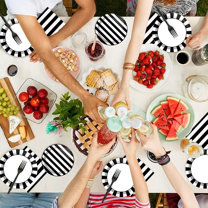 200pcs Black and White Party Plates Napkins Forks Striped Theme Party Tableware Set Black White Party Disposable Paper Dessert Dinnerware Kids Adults Wedding Party Baby Shower Decor Supplies Serves 50
