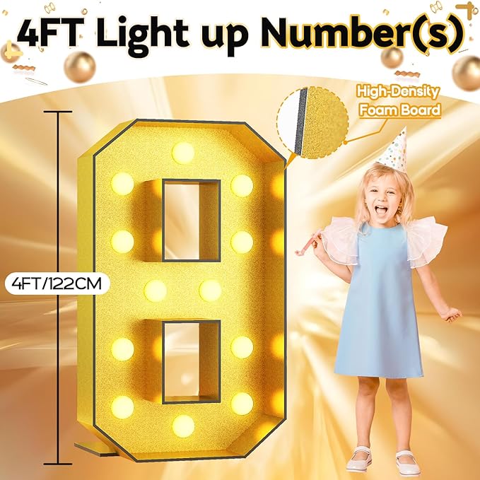 Light Up Number 8, Marquee Light Up Numbers Gold 4FT, Large Led Numbers Lights for 8th Birthday, 4 Feet Tall DIY Frame Pre-Cut Foam Board Kit for Night Light Party Anniversary Decorations