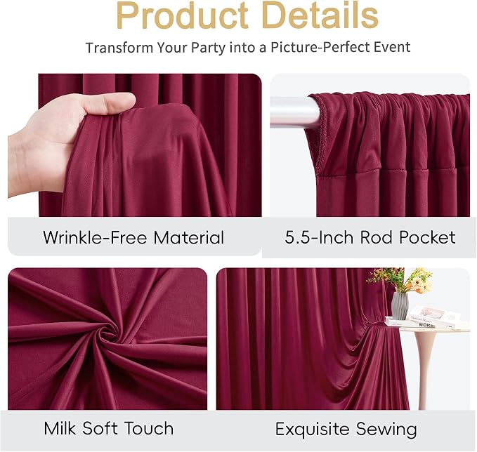 30x12ft Burgundy Backdrop Curtains for Parties Wrinkle Free Fabric Backdrop Curtain Birthday Photo Drapes Backdrop for Wedding Baby Shower Bridal Shower Photography Back Drop 6 Panels 5x12FT