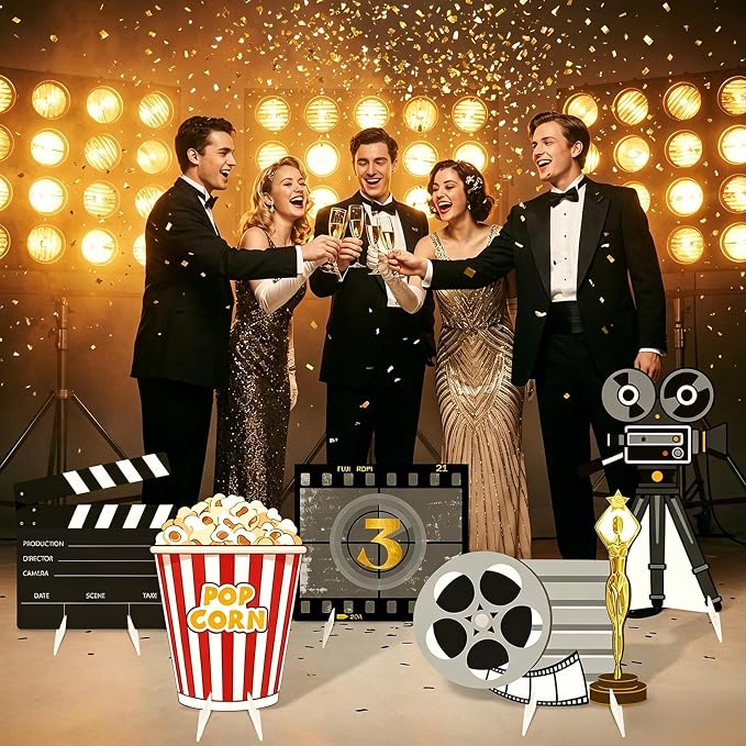 5 Pcs Large Movie Night Party Decorations, Classic Movie Cardboard Cutouts Standup, Popcorn Film Camera Clapperboard Lawn Yard Sign for Theater Theme Indoor Outdoor Birthday Photo Prop