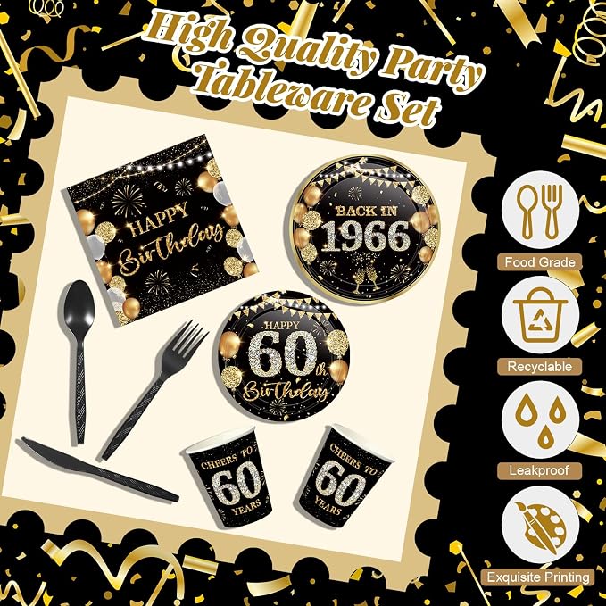 240 Pcs 60th Birthday Decorations 1966 Birthday Party Tableware Include Plates Napkins 9oz Cups Cutlery 60th Anniversary Party Supplies for Men Women Him Her, Serve 30 Guests (Black Gold)