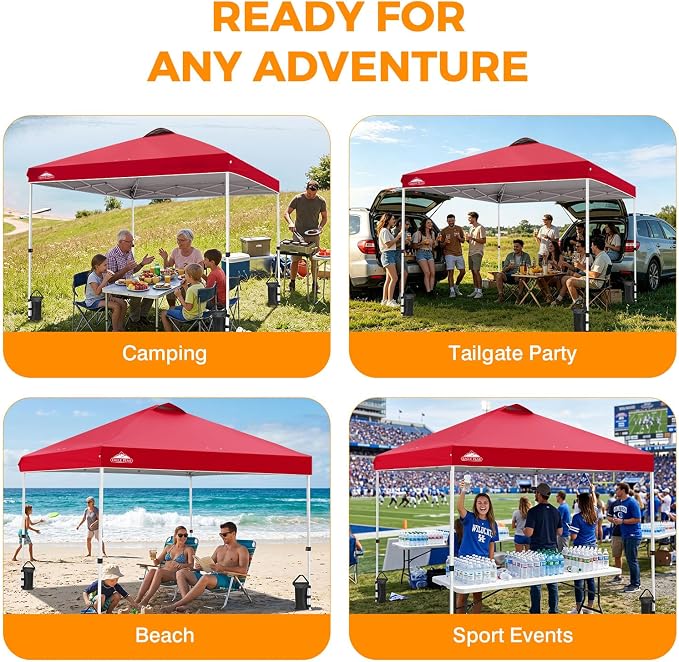 EAGLE PEAK Pop Up Canopy Tent with Wheeled Carry Bag, 8 Stakes, 4 Ropes, 4 Weight Bags, Easy Set Up Tent Canopy, 10x10 ft, 100sqft of Shade, Red