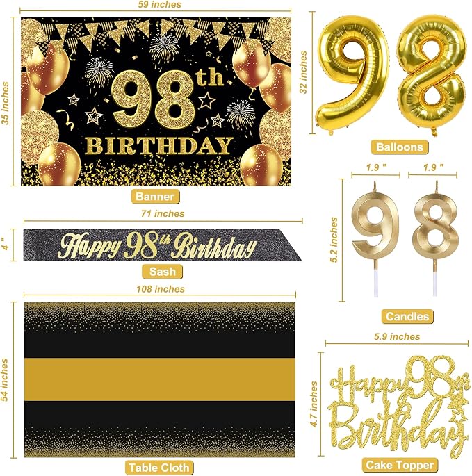98th Birthday Decorations Men Women with 98th Birthday Banner, Black and Gold Table Cloth, Number Balloons, Large Sash, Cake Topper and Candles