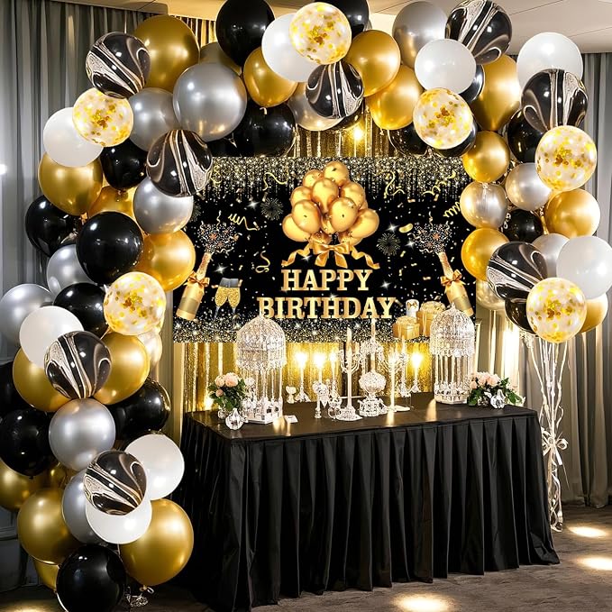 63 PCS Black Golden Birthday Party Balloons Decoration for Man Women | with Photo Backgrounds Backdrops Colth, Confetti Balloons, Happy Birthday Sign Banner Cloth