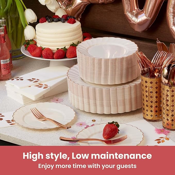 By Madee HEAVYWEIGHT 175 Pc Fancy Disposable Dinnerware Set | Ivory Scalloped Rose Gold Plates and Napkins, Cutlery | Elegant Disposable Plates Set for Wedding, Bridal Shower, Baby Shower (25 Guests)