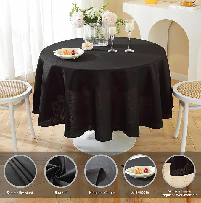 5 Pack Round Tablecloth 90 Inch Black Tablecloth, Polyester Fabric Washable Table Cloth for Home, Party, Wedding or Restaurant Use.