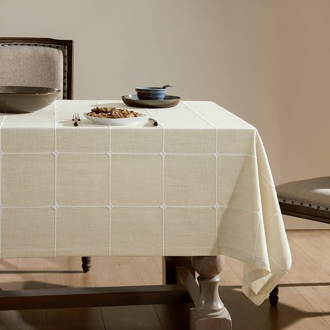 ZeeMart Grid Embroidered Hemmed Tablecloths, Ivory 52x52 Inch, Farmhouse Style Heavy Weight Cotton Linen Ivory Tablecloths, Boho Plaid Water Resistant Square Table Cloth