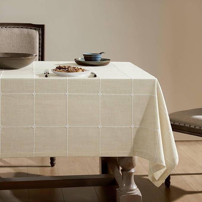 ZeeMart Grid Embroidered Hemmed Tablecloths, Ivory 60x84 Inch, Farmhouse Style Heavy Weight Cotton Linen Ivory Tablecloths, Boho Plaid Water Resistant Rectangle Table Cloth