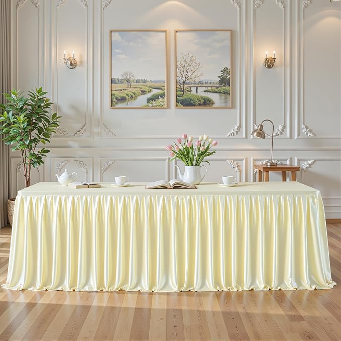 Champagne Satin Tablecloths Rectangle 8FT, Glitter Fitted Stretch Table Covers Wrinkle-Free Floor Length Shimmer Table Skirt for Weddings Parties Baby Shower Banquets Vendor Events
